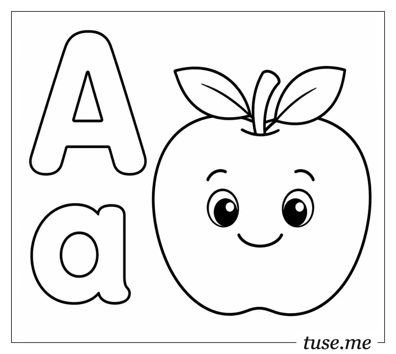 A printable preschool coloring book page for children ages 3–5. Show one large uppercase letter A and one small lowercase letter a beside a cute smiling apple with two leaves. Use clean black-and-white line art, thick smooth rounded outlines, very large simple shapes, generous white space, and a plain white background. The apple should be the main subject and easy for a young child to recognize and color. Keep the composition centered and uncluttered, with no overlapping objects and no cropped e