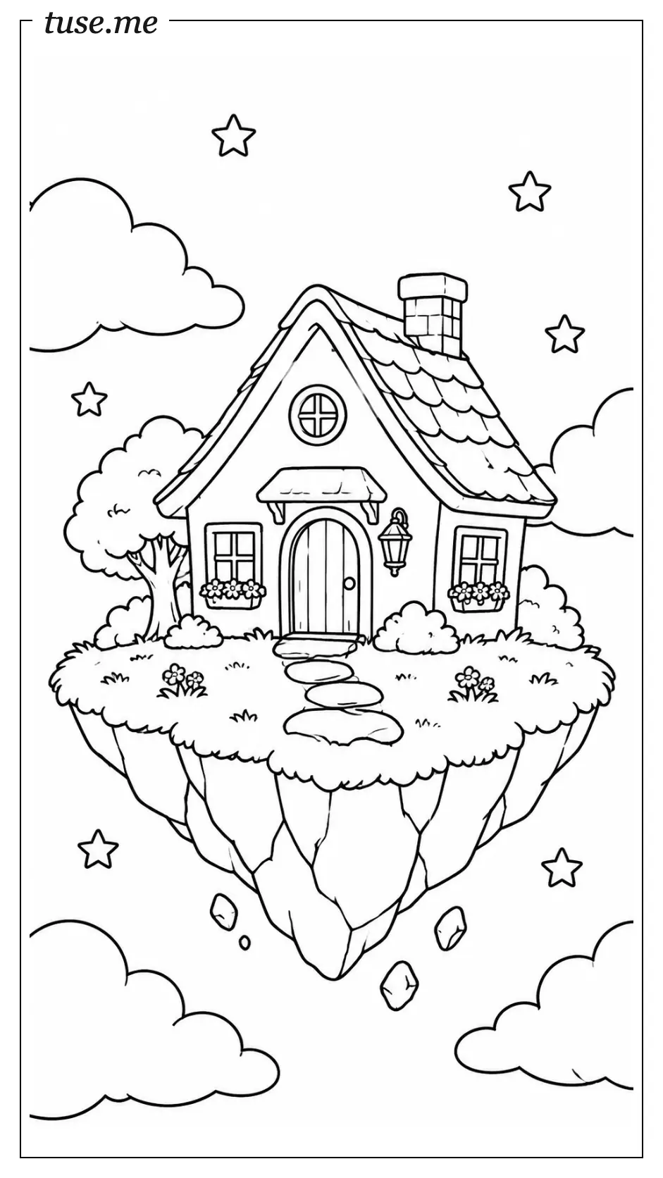 A charming little cottage resting on a small floating island high above the clouds, with a simple pathway leading to the front door, a few large clouds surrounding the island, and several stars in the sky. The cottage is the clear main focus.