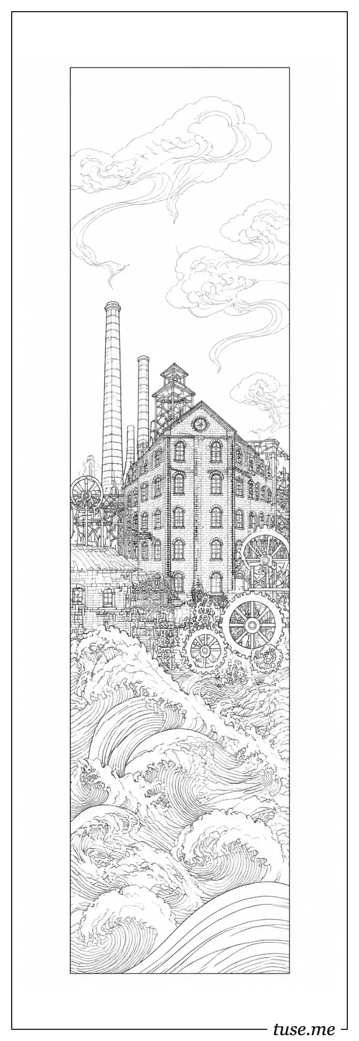 A vertical bookmark design, 1:3 aspect ratio. Traditional Chinese Gongbi line drawing style, with extremely fine, fluid, and intricate lines. The bottom features complex river and ocean waves in line art, with delicate silk-like strokes. In the center is a highly detailed line drawing of a modern red-brick industrial factory (Dasheng Cotton Mill), with meticulous brick textures, gears, and mechanical structures, interwoven with precise lines. At the top, negative space shows a faint line drawing
